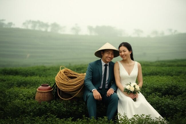 Vietnamese couple in wedding attire sitting in a tea plantation, wearing traditional conical hat
