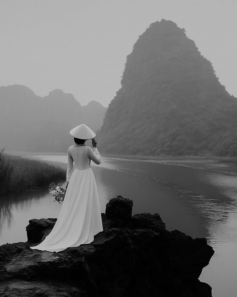 Vietnamese bride in white áo dài and conical hat standing on a rock by a river, surrounded by dramatic limestone mountains in black and white