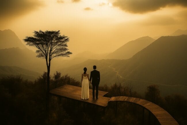 Bride and groom holding hands on a wooden platform overlooking golden mountains at sunset in Vietnam