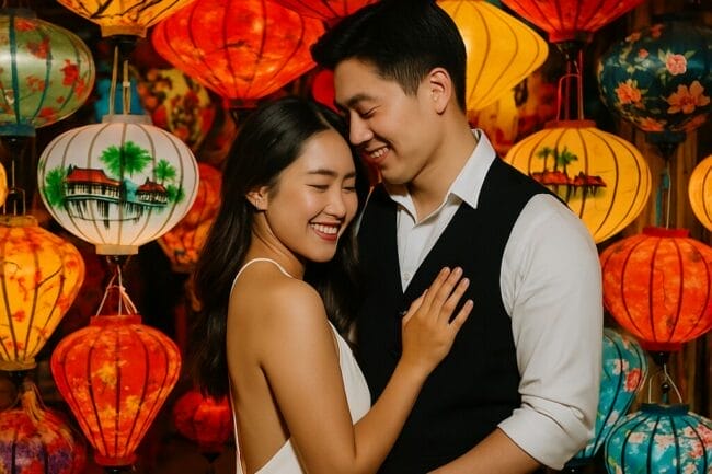 Couple embracing in front of colorful lanterns in Hội An, Vietnam – romantic pre-wedding or engagement photo at night.
