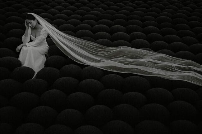 Bride in white wedding dress and long veil sitting on red incense bundles in Vietnam, artistic black and white photo