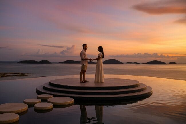 Couple holding hands on a circular platform above an infinity pool at sunset in a luxury Thai resort