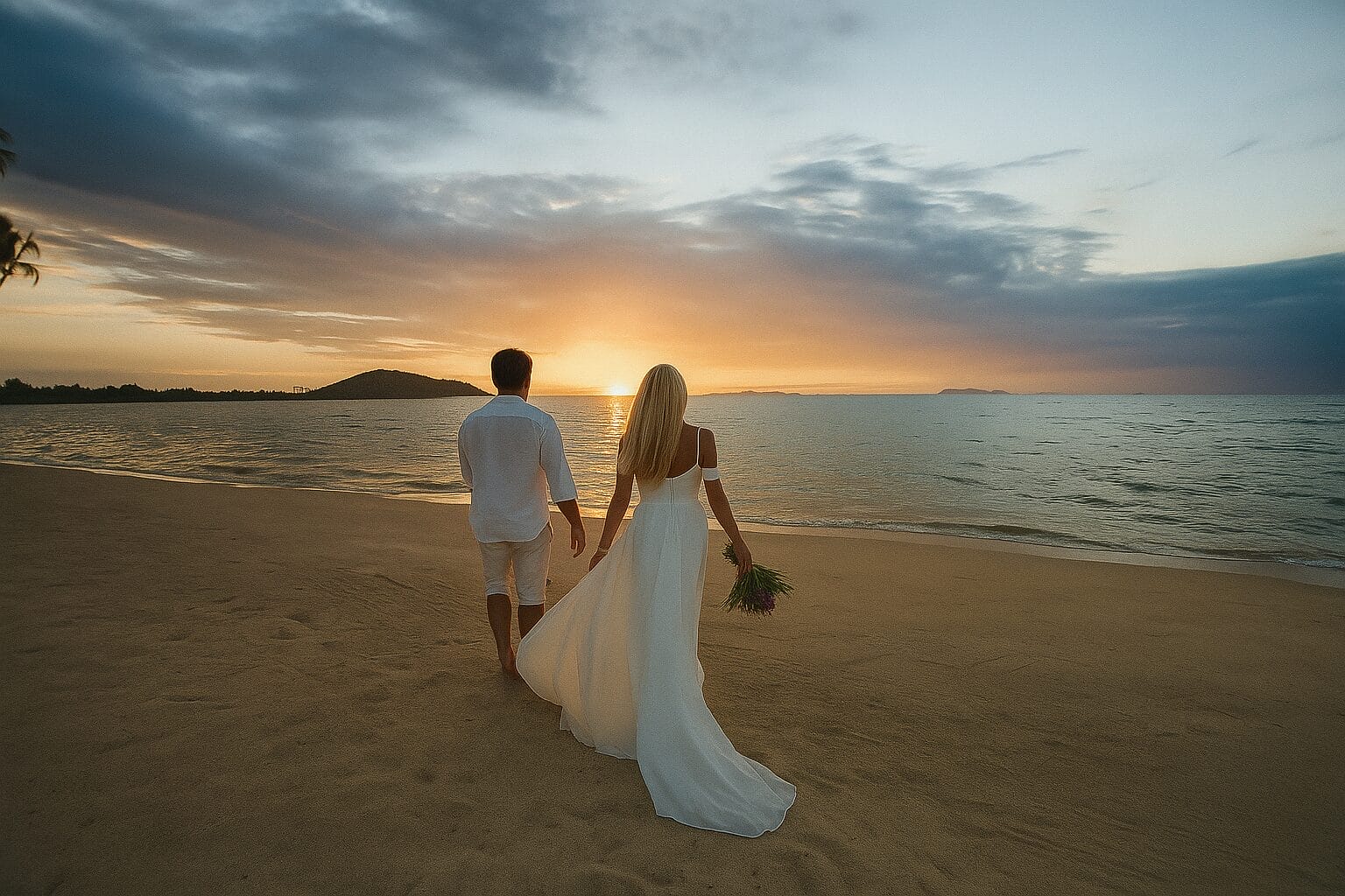 Bride and groom walking barefoot on a Thai beach at sunset, holding hands and facing the ocean